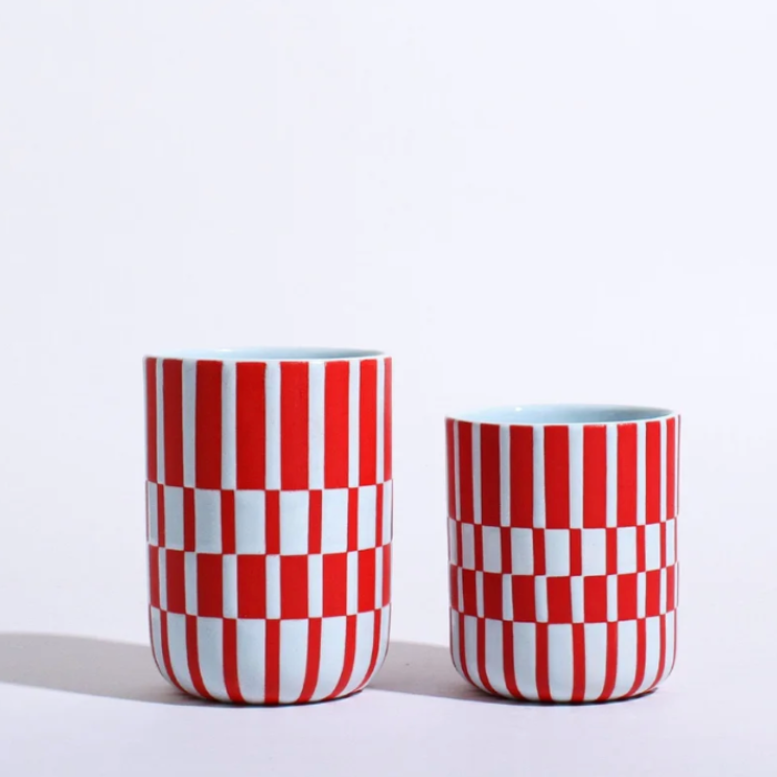 Chime Drinkware stoneware cups in sky and red